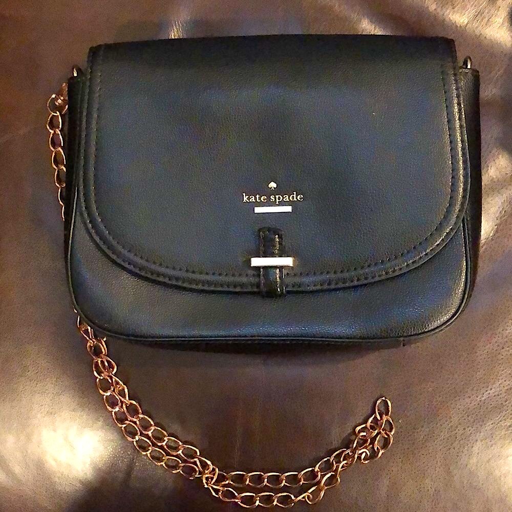 KATE SPADE Tumbled Black Leather Crossbody Shoulderbag with Rose Gold Chain